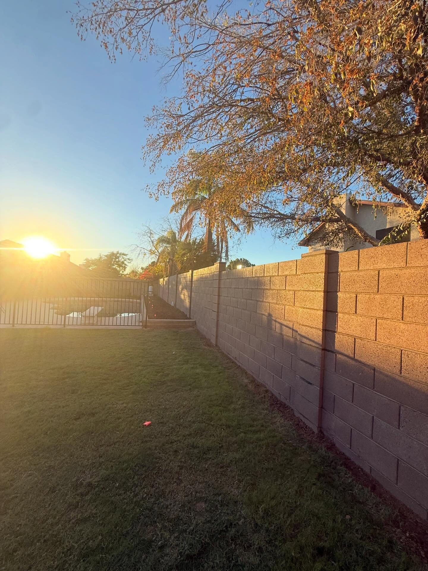 Block fence wall with pilasters at sunset behind a Phoenix, Arizona backyard